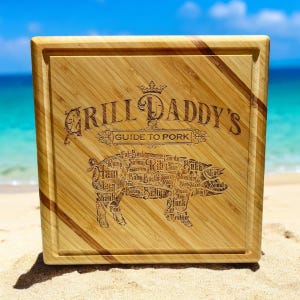 Grill Daddy Bamboo Cutting Board With Juice Groove, Perfect Fathers Day Gift, Unique, Shows Cuts of Pork.  Perfect Christmas Gift!