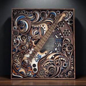 May include: A wooden wall art piece featuring a layered design of an electric guitar. The artwork incorporates swirling patterns in shades of brown, blue, orange, and white, with musical notes and floral accents. The guitar is white with blue accents.