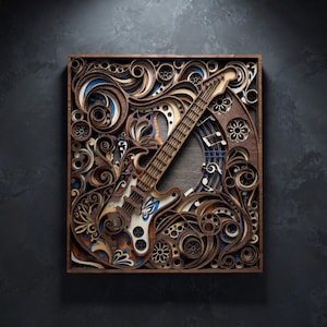 May include: A layered wooden art piece featuring a detailed electric guitar design. The artwork incorporates swirling patterns, floral elements, and musical notes in shades of brown, blue, and white, all within a square frame.