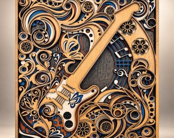 May include: A multi-layered wooden wall art piece featuring a central electric guitar silhouette surrounded by intricate scrollwork, floral motifs, and butterfly shapes. The design incorporates natural wood tones, deep blue, and black accents.