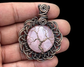 Rosenquarz Kupferdraht Anhänger Geschenk Für ihre reine Handarbeit Artisan Kupfer Halsketten Kupfer Chakra Anhänger Baum des Lebens Anhänger