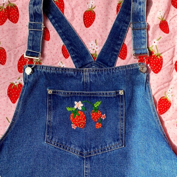 Strawberry blossom hand embroidered up-cycled denim pinafore dungaree dress, strawberry print, strawberry dress, strawberry embroidery