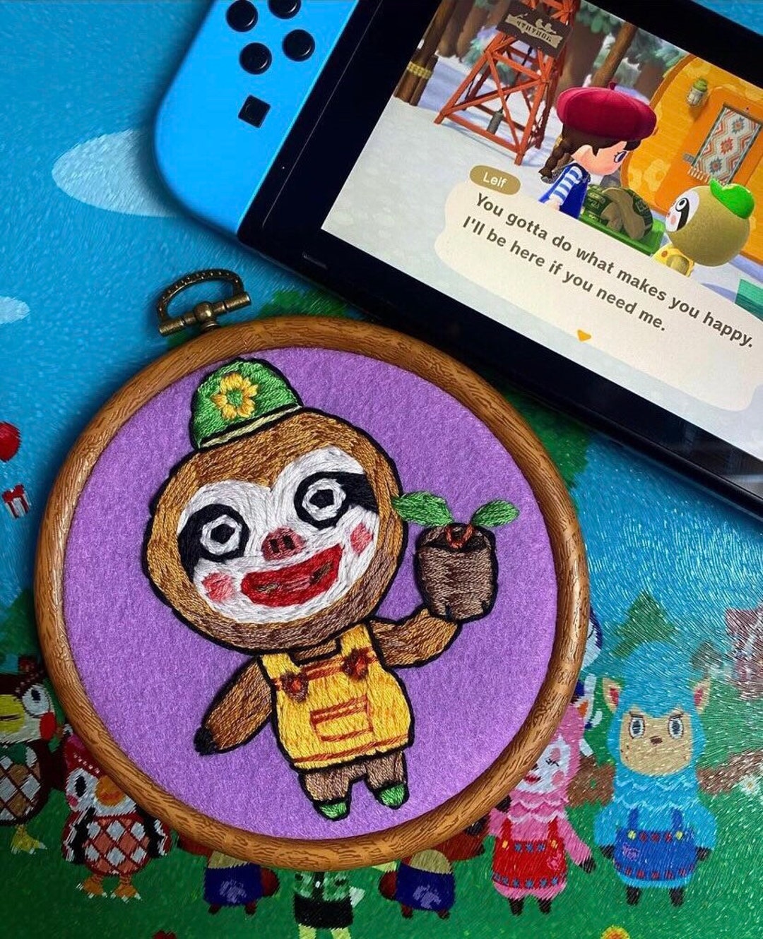 Leif Animal Crossing Hand Embroidery Wall Hanging, ACNH, Animal