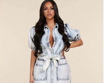 Womens Light Wash Denim Mini Dress Puff 