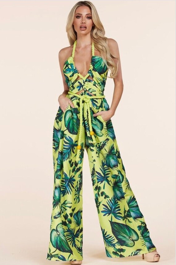 Womens Lime Green Jumpsuit Tropical Print Jumpsuit Leaf Etsy