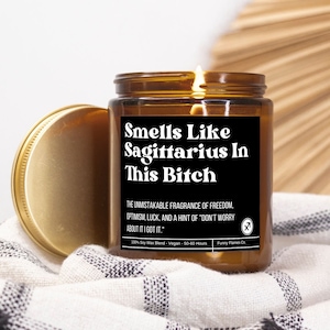 Funny Sagittarius Candle: Coconut Soy Wax, Amber Jar, 9 oz