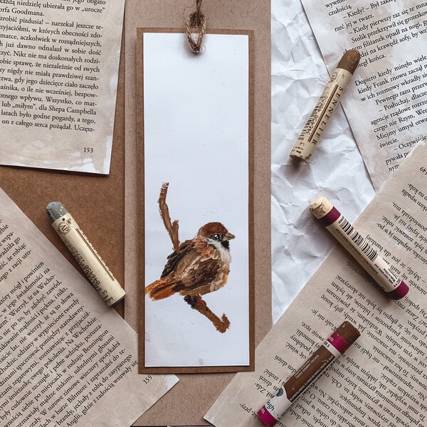 Handmade bookmark with sparrow bird made with oil pastels on high quality paper