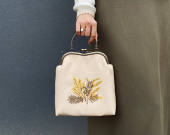 Mimosa Embroidered Handbag, Mat Satin Evening Bag,