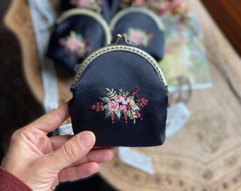 Hand embroidered romantic wallet, Gift for her, Handbag, Handmade gift for women, Best gifts for best friend, Coin purse, Black wallet