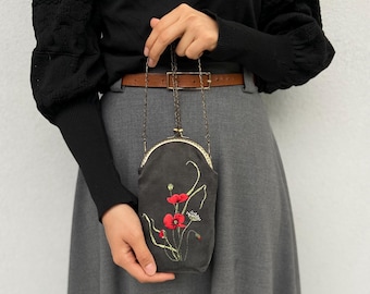 Hand Embroidered Poppy Phone Bag, Vintage Stonewashed Silk Crossbody