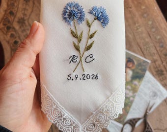 Personalized Hand Embroidered Linen Handkerchief, My Something Blue For The Bride