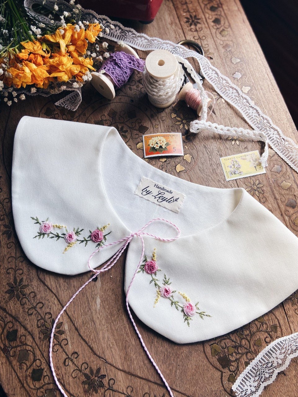 Romantic Embroidered Linen Collar, Elegant Embroidery Collar 