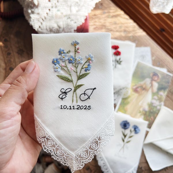 Personalized My Something Blue Hand Embroidered Lace Handkerchief, Wedding Keepsake Gift for Bride