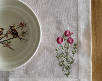 set of 6 Pink flower,Hand embroidery embroidered serving set,Linen placemat, Hand Embroidered Floral placemat,