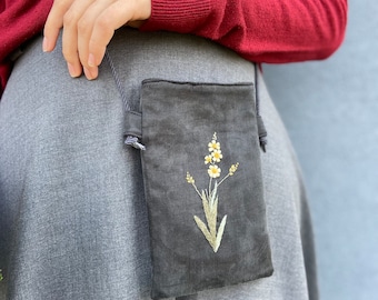 Hand Embroidery Wildflower,  Embroidered Phone Bag, Silk Crossbody, Sister Gifts, Tech accessories