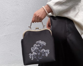 Flower Embroidered Kisslock Bag, Dark Cottagecore Evening Handbag,