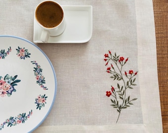 Hand Embroidered Linen Placemat, Floral Table Decor