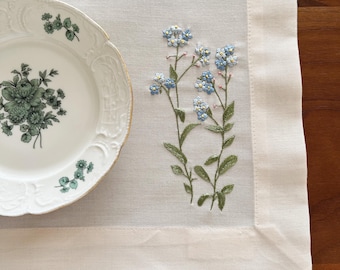 Hand Embroidered Linen Placemat, Blue Forget-Me-Not Flowers, Cottagecore Table Decor