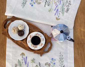 Hand Embroidered Wildflowers Linen Spring Table Runner, Cottagecore Farmhouse Decor