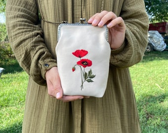 Sac brodé coquelicot, broderie à la main, fleur rouge, sac en chaîne, cadeaux personnalisés, pochette sauvage vintage,