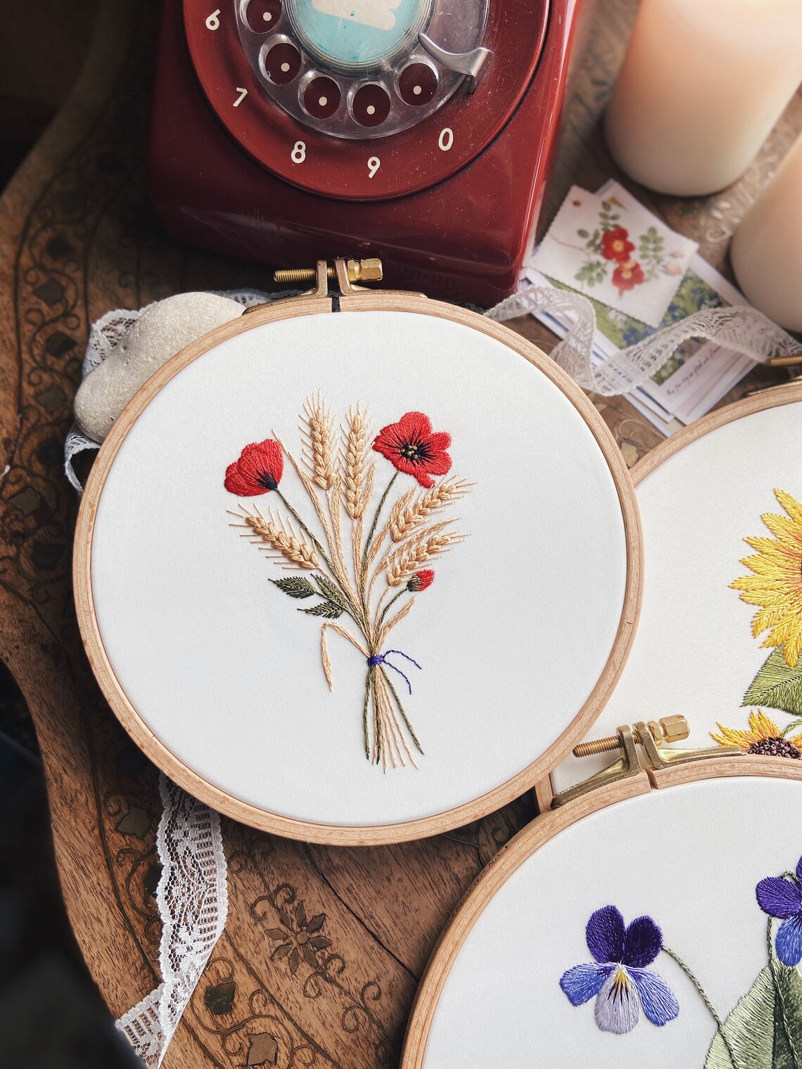Hand Embroidered Floral Hoop Art, Poppy and Wheat Bouquet, Cottagecore ...