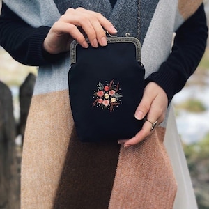 Orange flower embroidered shoulder bag, Gatden flower gift, Unique gift idea, Handmade bag, Gift for her friend, image 1