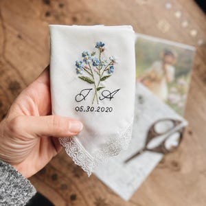 Personalized My Something Blue Hand Embroidered Lace Handkerchief, Wedding Keepsake Gift for Bride