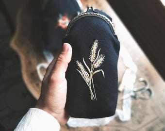 Hand Embroidered Eyeglass Case, Wheat Embroidery Kisslock Glasses Pouch