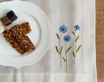 Hand Embroidered Linen Spring Placemat, Blue Wildflower Table Decor, Linen Home Textiles