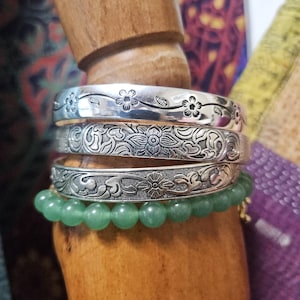 Silver bangle bracelet silver boho flower design  bracelet