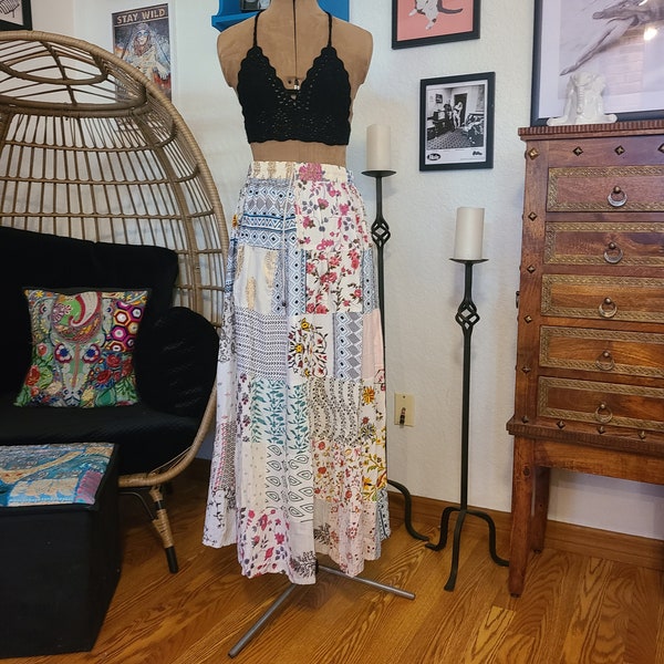 Long Maxi Patchwork Skirt - Boho maxi long skirt - White Patchwork prints
