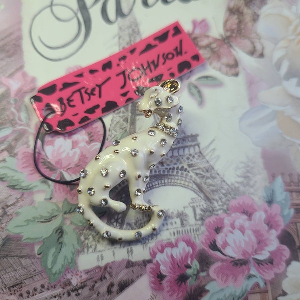 White w/ diamond leopard cat pin brooch Betsey Johnson designer brooch