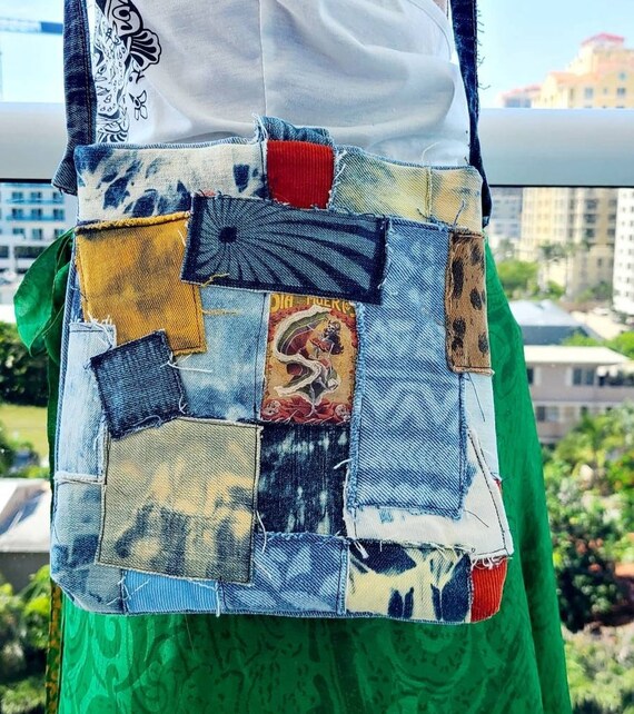 Denim Patch Purse Tie Dye Denim and Corduroy Patches Upcycled Denim Purse One of a Kind Boho Denim Purse Day of the Dead Boho Etsy