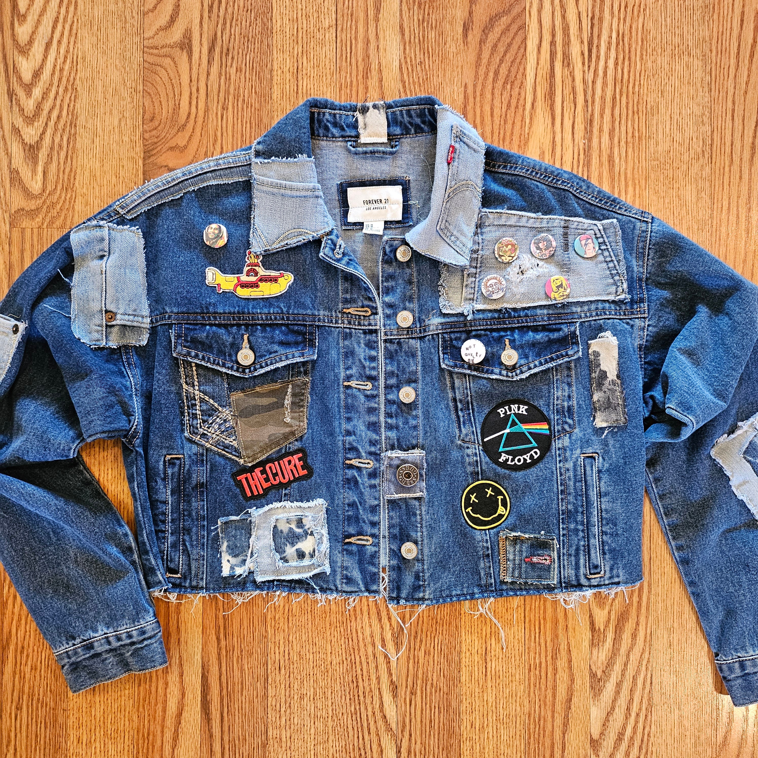 Denim Jean Jacket With Rock Patches, Buttons and Denim Denim Jean Jacket With Rock Patches, Buttons and Denim