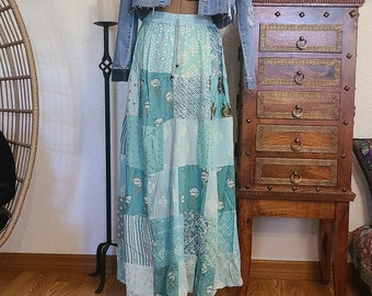 Long Maxi Patchwork Skirt - Boho maxi long skirt - Aquamarine Flowery prints