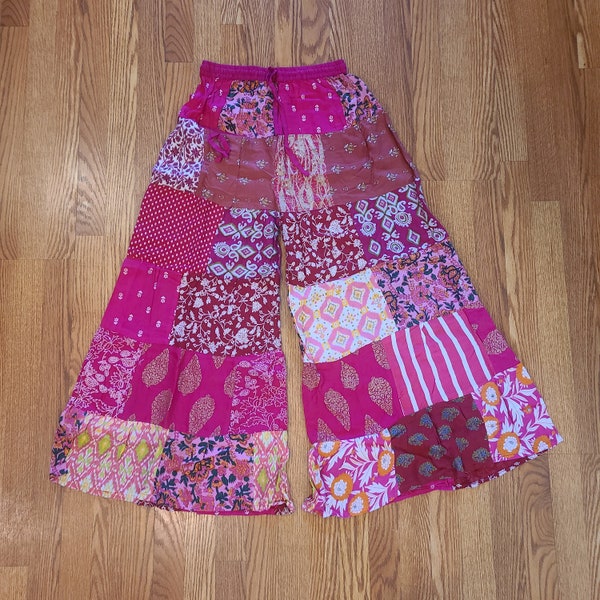Pink flower patch print pants drawstring skirt palazzo pants Boho style
