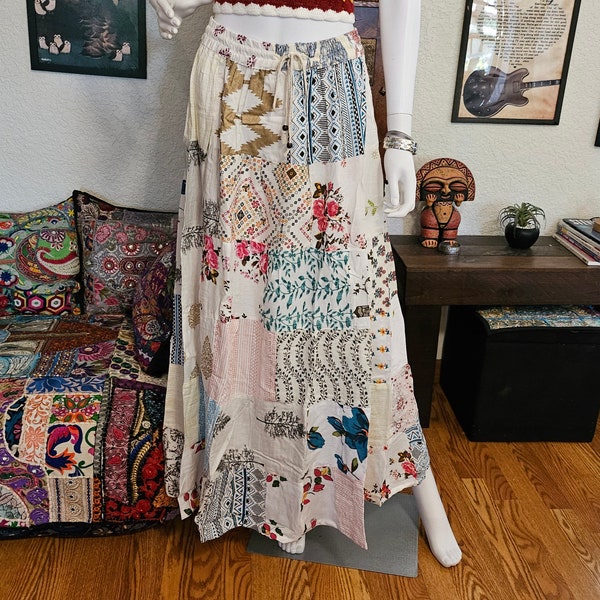 Long Maxi Patchwork Skirt - Boho maxi long skirt - White Flowery