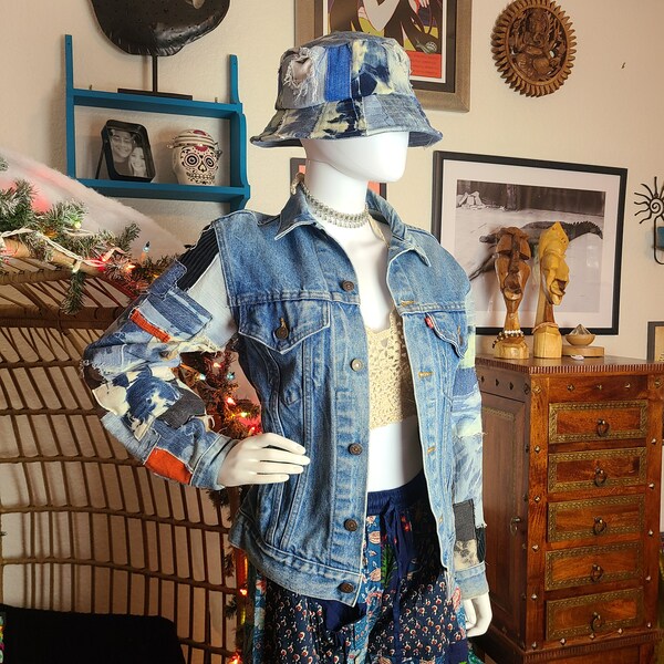 Upcycled/Recycled denim jean jacket with patches on sleeves Levi's Men's medium 36 - One of a Kind tie dye patched jacket