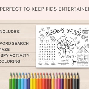 Keep your kids entertained this fall with our fun fall activity placemat! Perfect for a Thanksgiving gatherings, fall parties, or even a cozy afternoon at home. This placemat features a variety of fall activities and coloring pages.