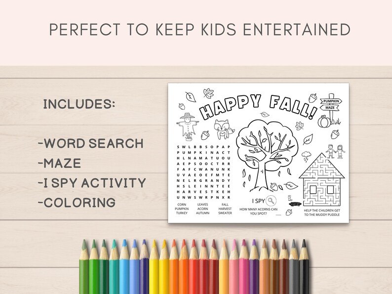 Keep your kids entertained this fall with our fun fall activity placemat! Perfect for a Thanksgiving gatherings, fall parties, or even a cozy afternoon at home. This placemat features a variety of fall activities and coloring pages.