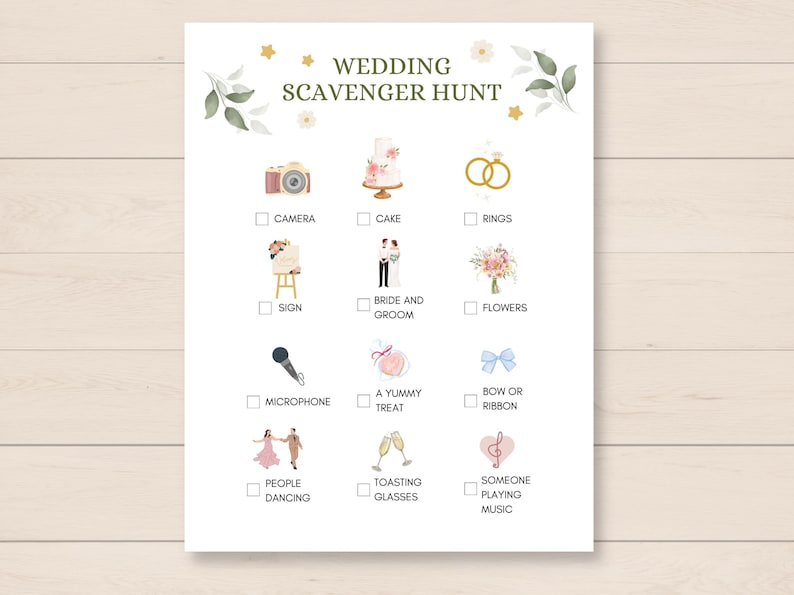 Add fun to your wedding with this Wedding Scavenger Hunt! This interactive game is perfect for engaging your guests specially kids and creating lasting memories.