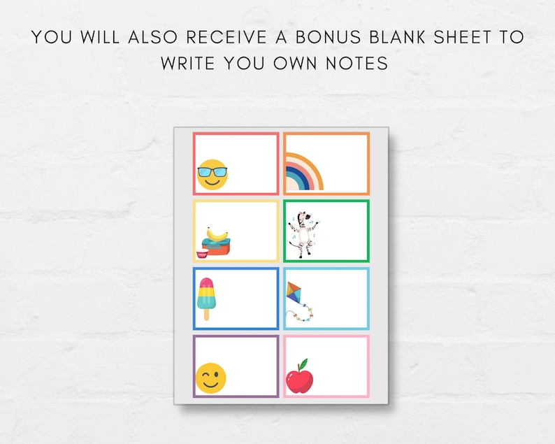These Lunchbox notes are a perfect way to brighten your child's day! Simply print and cut, add a note at back or leave it blank. You will also receive a bonus blank sheet to write your own notes, print as many time as you need.