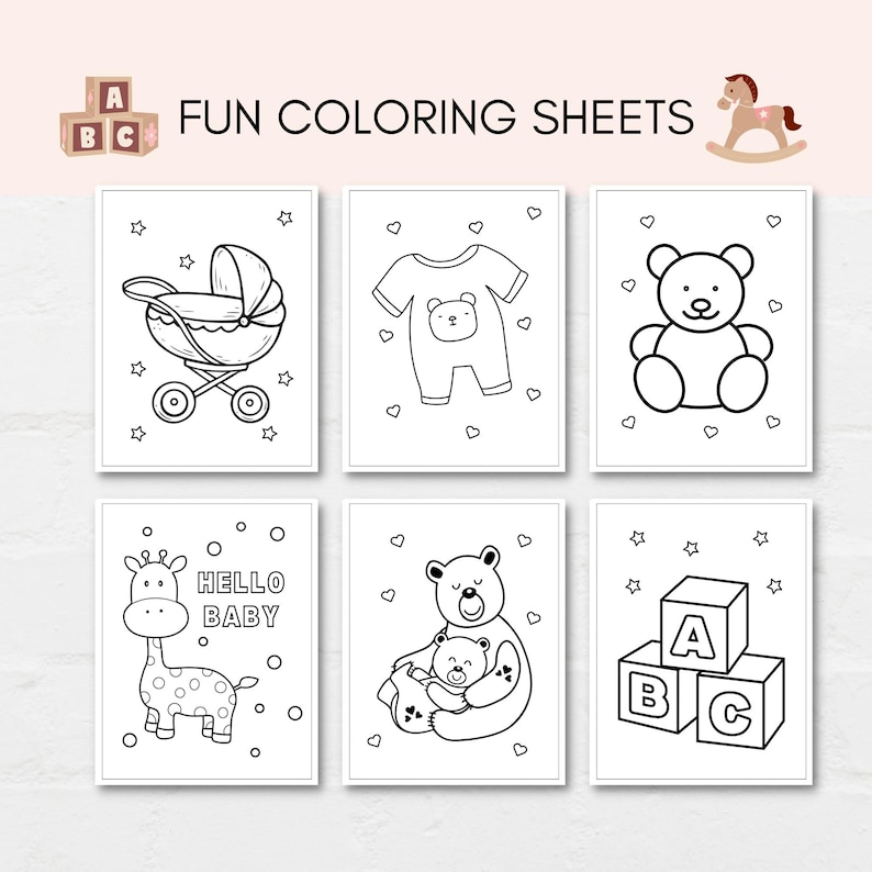 Keep the kids entertained at baby shower with this baby shower activity book! This pack includes 10 fun and engaging games as well as 10 beautiful coloring sheets featuring baby shower-themed designs.