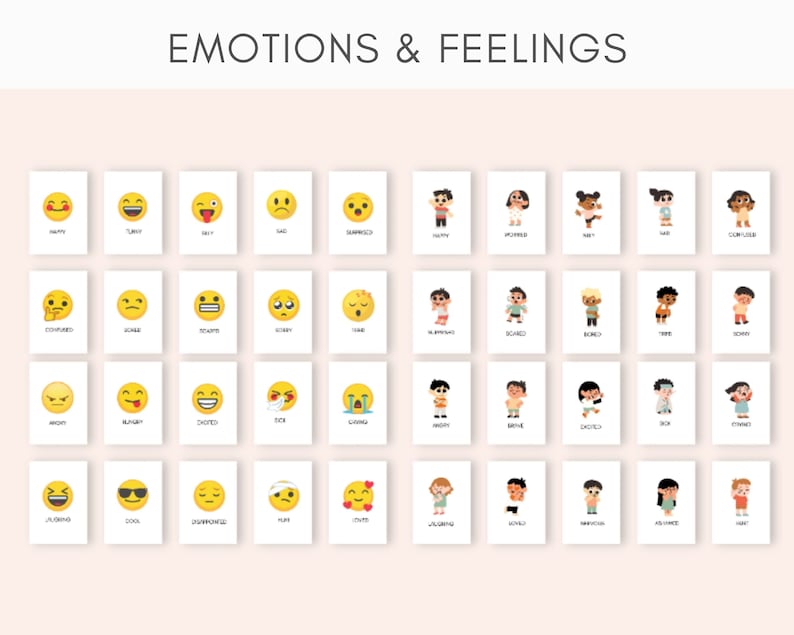 May include: A set of 40 cards featuring yellow emoji faces with different expressions and corresponding words describing emotions and feelings. The cards also feature cartoon illustrations of children expressing various emotions.