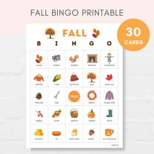 May include: A printable fall bingo card with 30 cards. The card features images of fall-themed items such as leaves, a blanket, a squirrel, a fireplace, a scarecrow, a sweater, corn, a knitted hat, a tree, a maple leaf, a pinecone, a rake, a wreath, a flannel shirt, berries, a scarf, a harvest basket, a pumpkin, boots, a haystack, a pie, apple cider, an acorn, and hot chocolate.