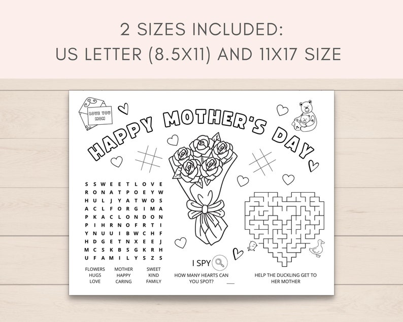 Celebrate Mother's Day with this printable Mother’s Day Activity Placemat for kids! This placemat features fun activities and coloring pages that will keep your child entertained while celebrating their amazing mom.