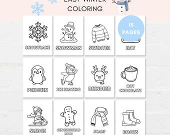 May include: A winter colouring book with 15 pages. Each page features a black and white illustration of winter-related items, including a snowflake, snowman, sweater, hat, penguin, ice skating, reindeer, hot chocolate, sled, gingerbread man, scarf, and boots.