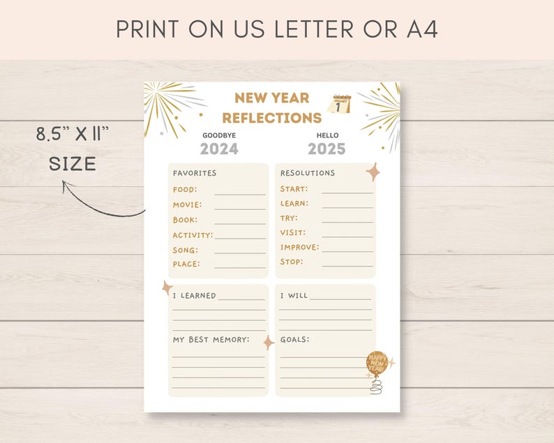 This fun New Year Activity is a perfect way to keep kids engaged on New Years Eve/ Holidays. The PDF has 2024 Year in Review section as well as 2025 goals and resolutions.