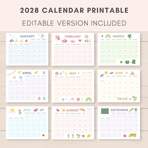 2028 Calendar Printable Calendar, Calendar 2028, Monthly Calendar, Kids Calendar, Editable calendar, 2028, Calendar PDF, Calendar Download