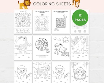 Jungle Safari Activity, Jungle Safari Coloring, Wild Animal Printable, Printable Jungle Activity, Kids Safari Activity, Jungle Worksheets